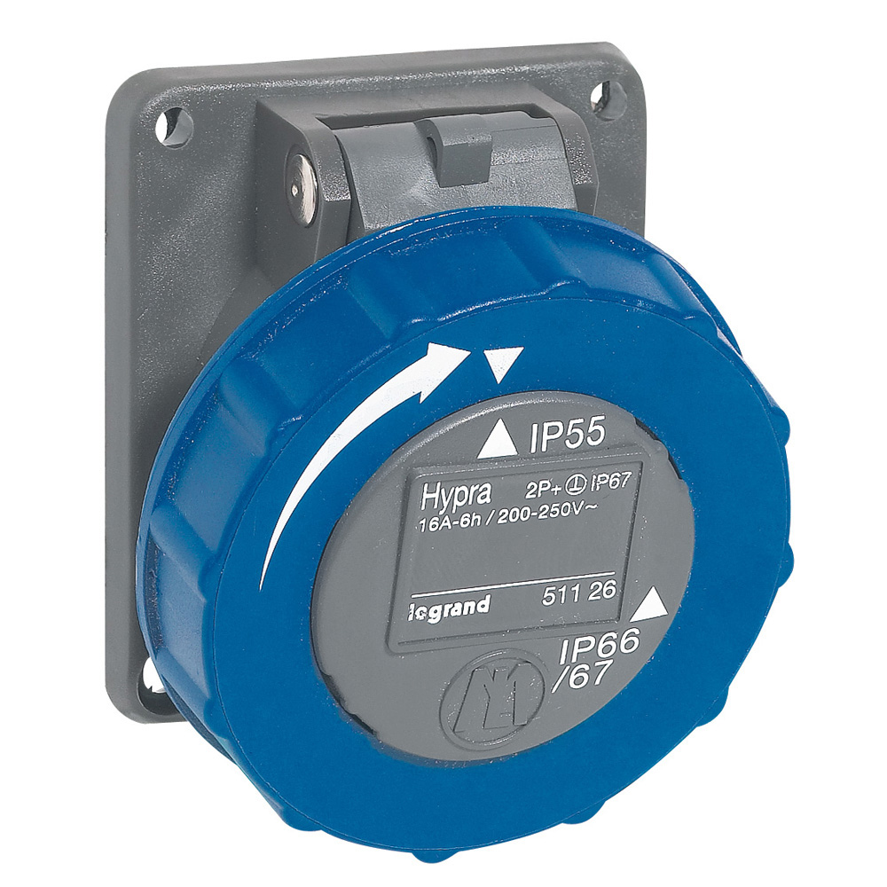 LEGRAND 051126, Hypra Tilting Switchboard Door Socket, IP 66/67/55, 200/250 V, 16 A, 2P+E, Plastic