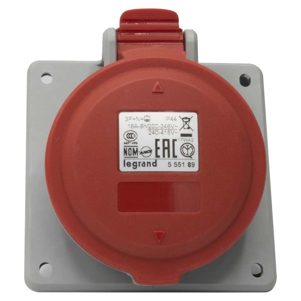 LEGRAND 555189, Socket for Panel Door, Tilting Mechanism P17, IP44, 380/415 V, 16 A, 3P+N+E