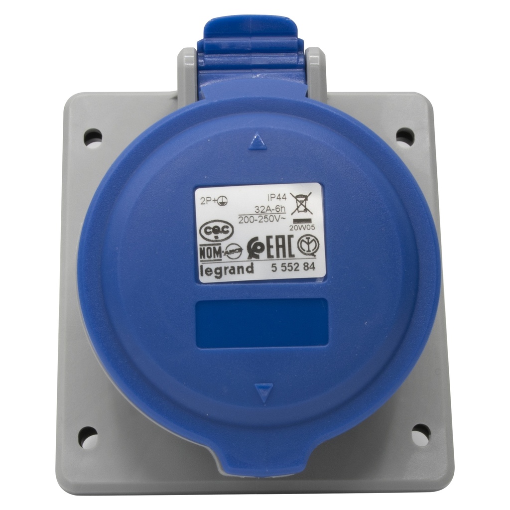 LEGRAND 555284, Socket for Panel Door, Inclined Mechanism P17, IP44, 200/250 V, 32 A, 2P+E