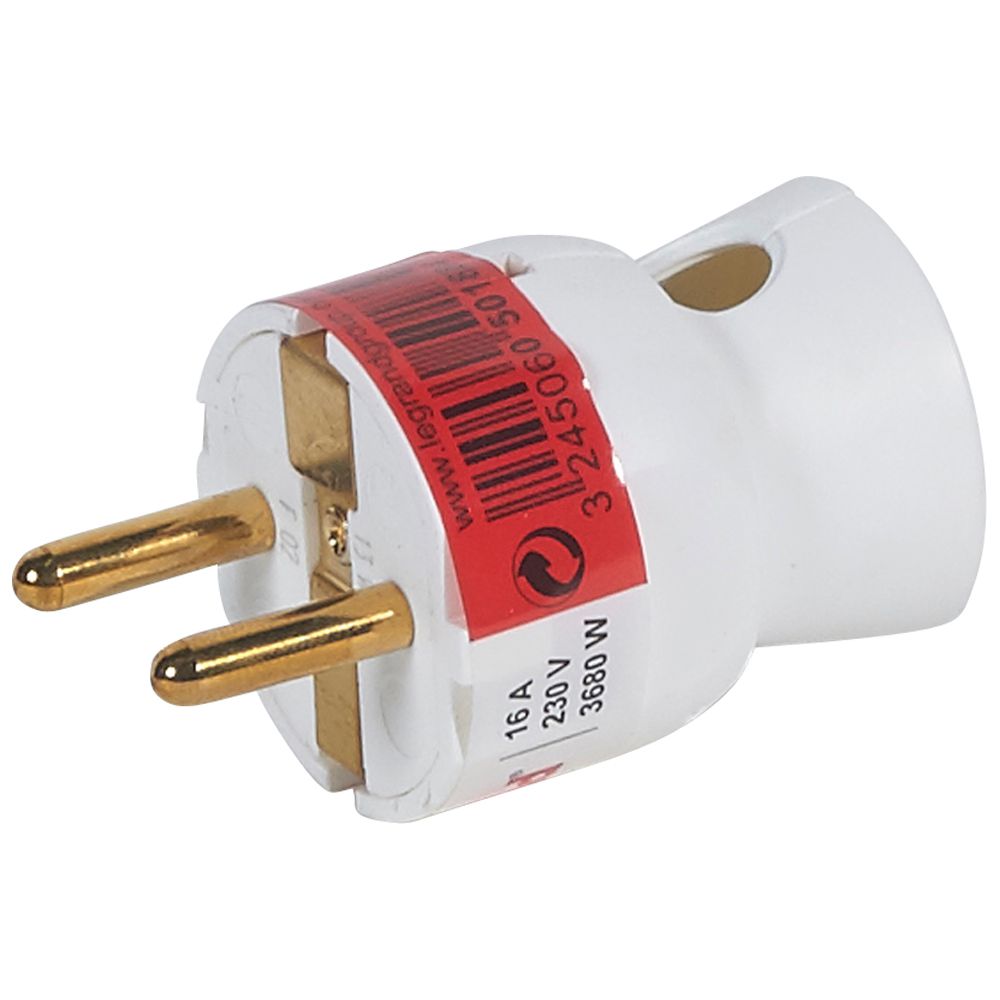LEGRAND 050188, 2P+E Plug, 16 A, German Standard, Plastic Side Outlet, White, Gencod Labelling