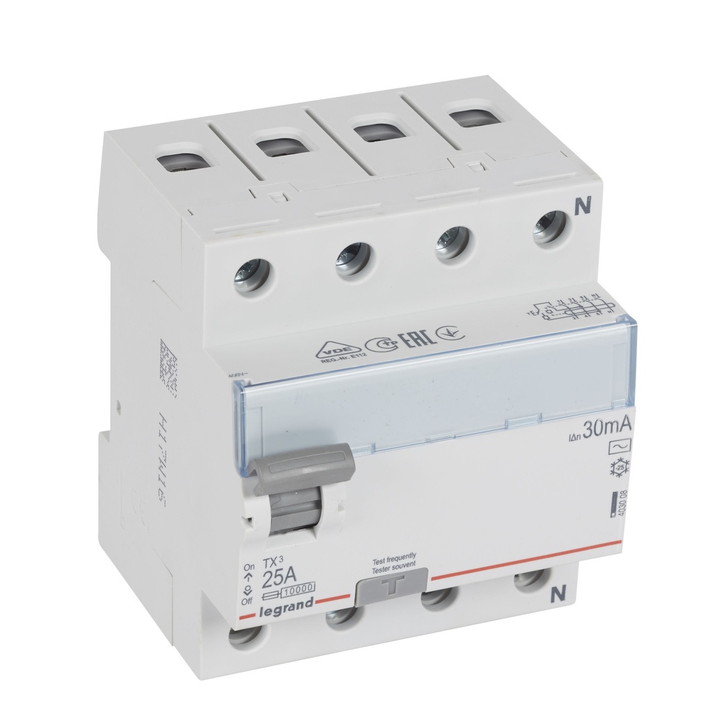 Legrand 403008, Întrerupător automat diferențial (RCCB) TX³, 4P, 400 V, 30 mA, 25 A, tip AC, Neutru pe partea dreaptă, Fără accesorii