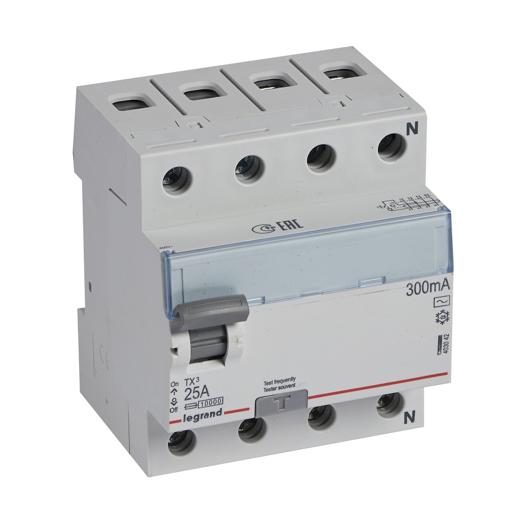 Legrand 403042, Întrerupător automat diferențial (RCCB) TX³, 4P, 400 V, 300 mA, 25 A, tip AC, Incompatibil cu accesorii auxiliare