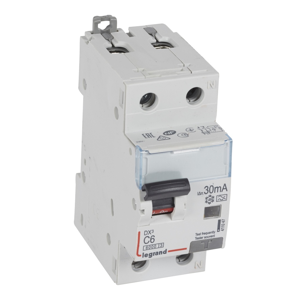 LEGRAND 411047, Disjunctor diferential, DX³ 6000 -10 kA -1P+N-230 V -6 A -30 mA, tip A, Neutru pe partea dreapta