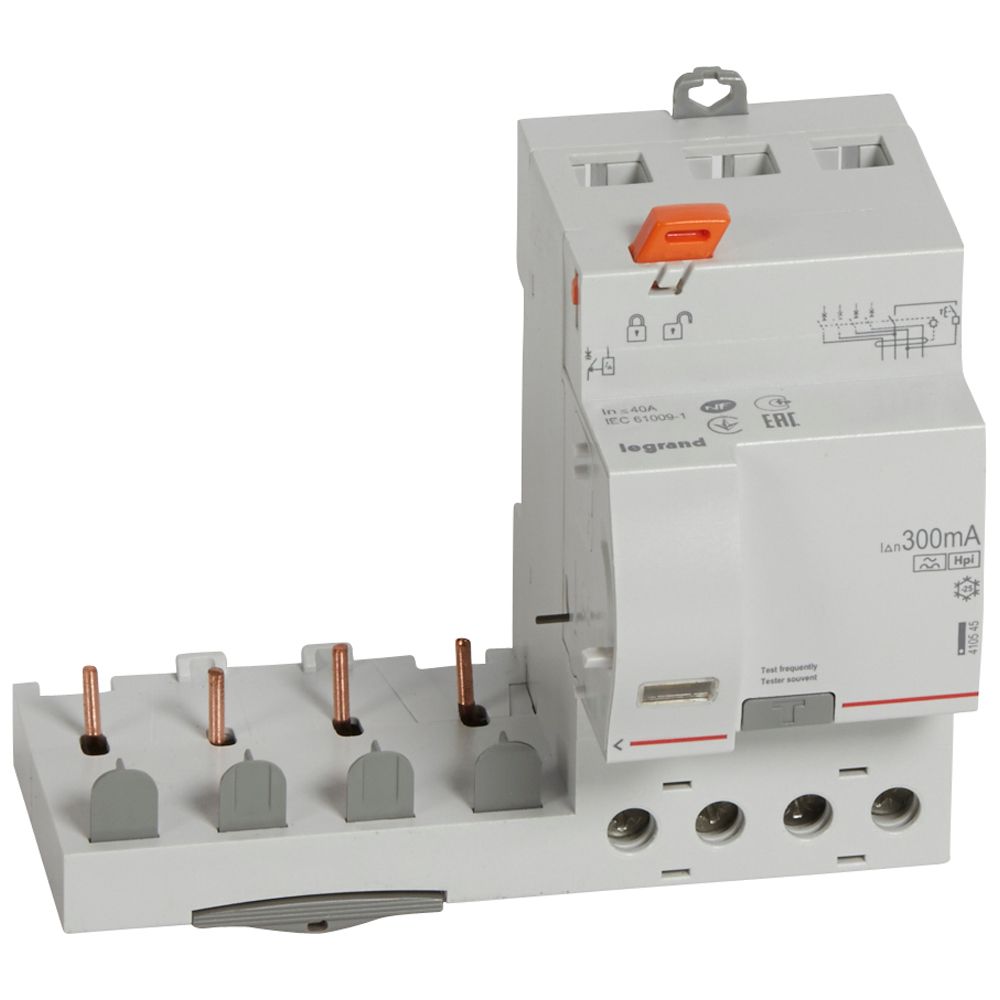 LEGRAND 410545, Bloc dif. adaptat DX³-șurub-4P-400V-40A-tipHpi-300 mA, Disj. 1modul/pol-fir trad.