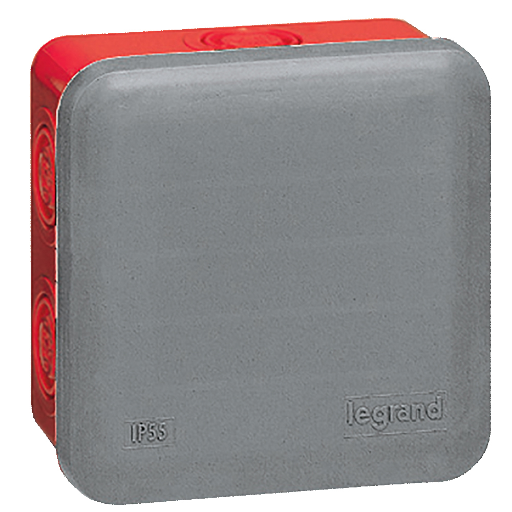 LEGRAND 092009, Doză pătrată Plexo 80×80×45 mm, Cenușiu/roșu, Pentru presetupă ISO, IP55/IK07