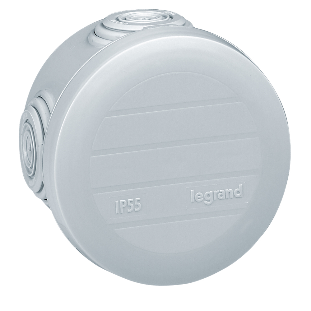 LEGRAND 092001, Plexo Round Box Ø60×40 mm, Grey, 20 Entries for D.4 Conduit, IP55/IK07, GWT 650°C