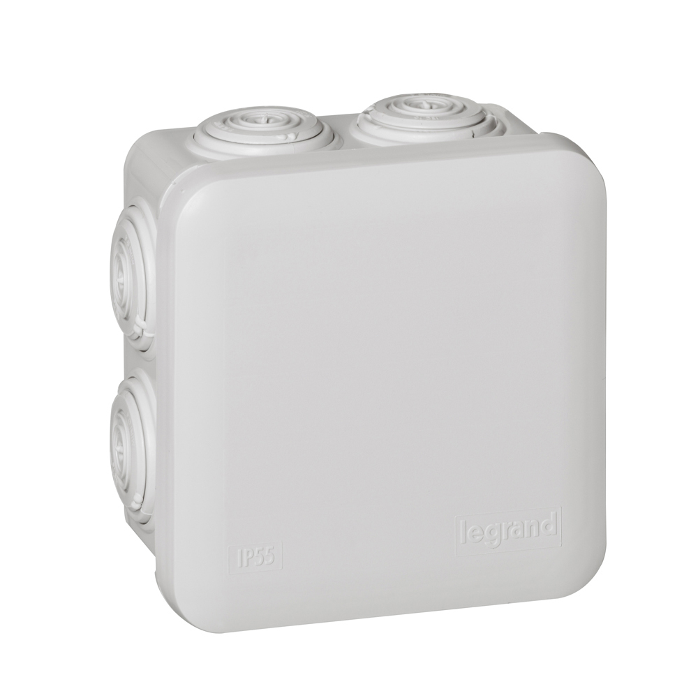 LEGRAND 092012, Doză pătrată Plexo 80×80×45 mm, Cenușiu, 7 intrări, Etanșă IP55/IK07, GWT 650°C
