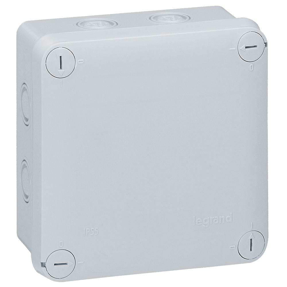 LEGRAND 092024, Doză pătrată etanșă Plexo, 105×105×55 mm, Cenușiu, Intrare decupată (7), IP55, IK07, Rezistență 650°C