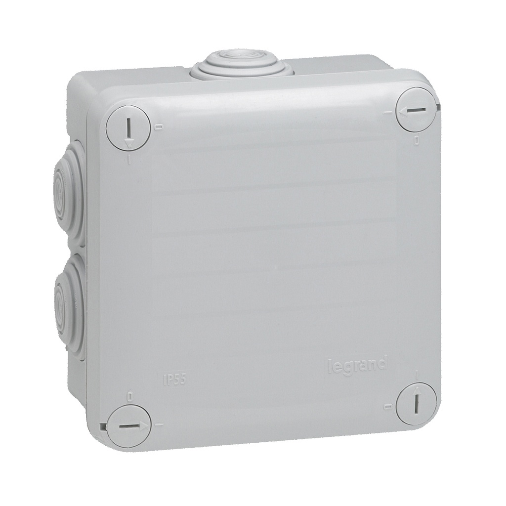 LEGRAND 092022, Doză pătrată etanșă Plexo, 105×105×55 mm, Cenușiu, 7 intrări, IP55, IK07, Rezistență 650°C