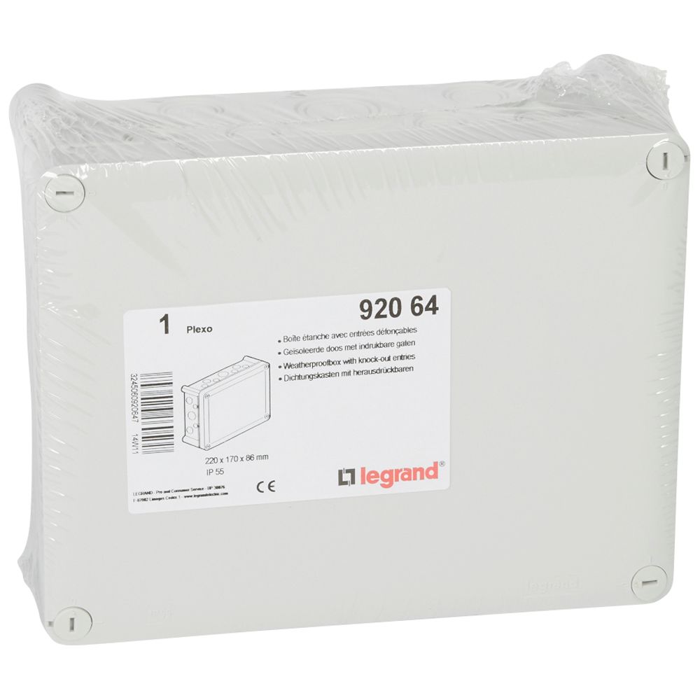 LEGRAND 092064, Plexo Box IP55, IK07, 220×170×86 mm, with Pre-Cut Entries for ISO Glands