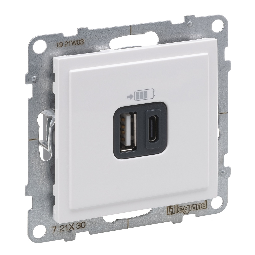 LEGRAND 721130, Dual USB Charger Type A+C, 3A, 15W, White