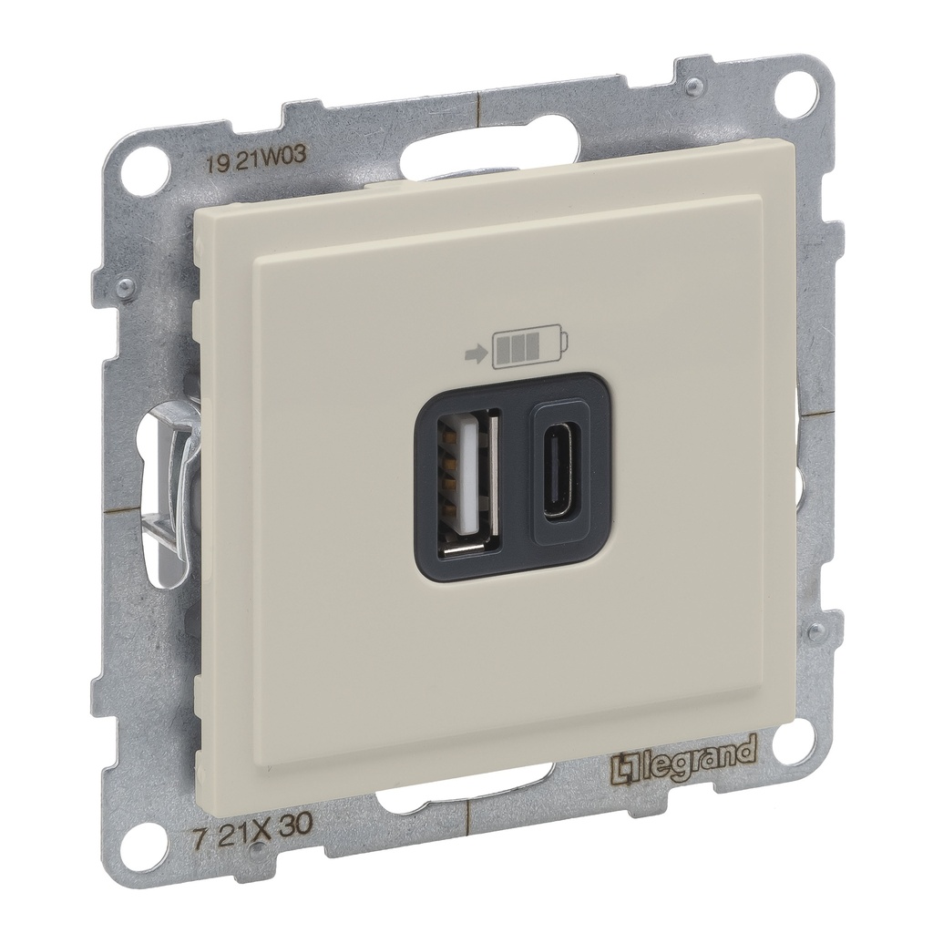LEGRAND 721230, Încărcător USB dublu Tip A+C, 3A, 15W, Ivoar