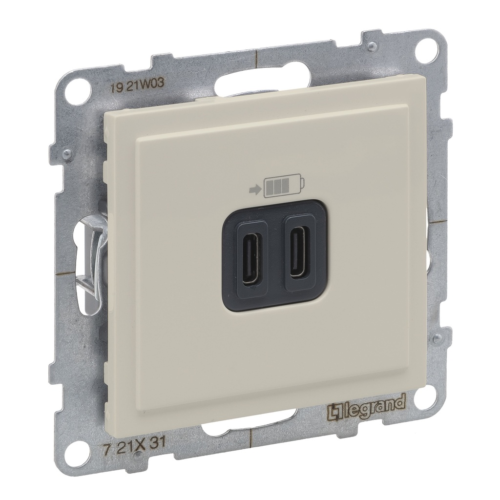 LEGRAND 721231, Încărcător USB dublu Tip C+C, 3A, 15W, Ivoar