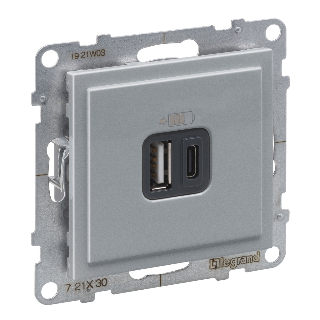 LEGRAND 721330, Încărcător USB dublu Tip A+C, 3A, 15W, Aluminiu