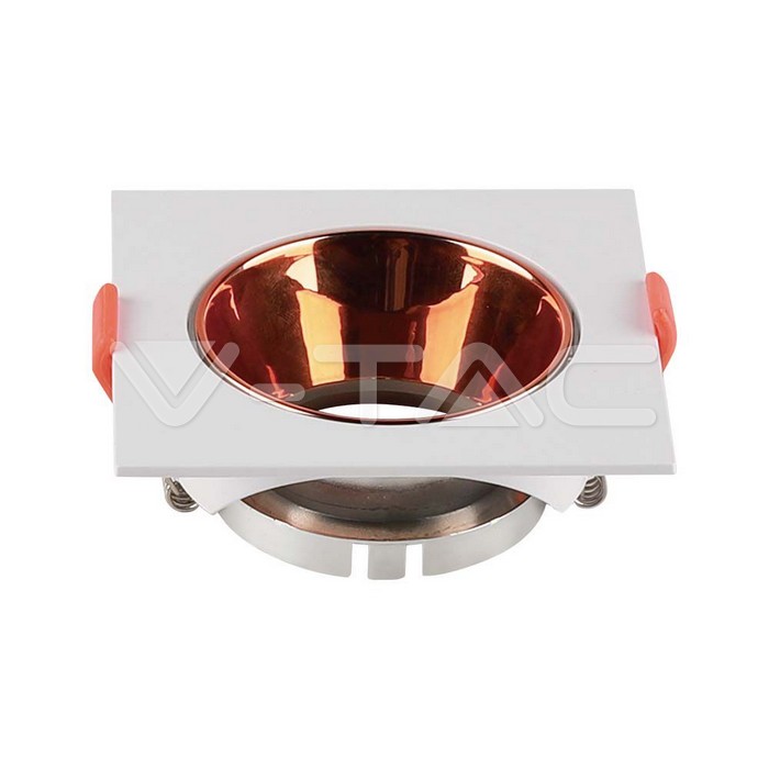 V-TAC 6655, Suport GU10 Pătrat Alb, Ramă Rose Gold cu Reflector Rose Gold