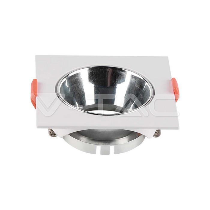 V-TAC 6653, Suport GU10 Pătrat Alb, Ramă Crom cu Reflector Crom