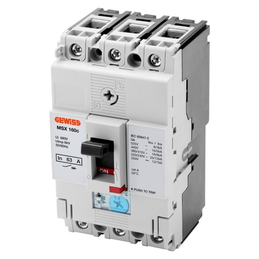 [PTG163.01097] GEWISS GWD9005, MSX 160c, Întrerupător siguranță automată compactă cu carcasă turnată, Eliberare magnetică termică și fixă reglabilă, 16kA 3P 100A 525V