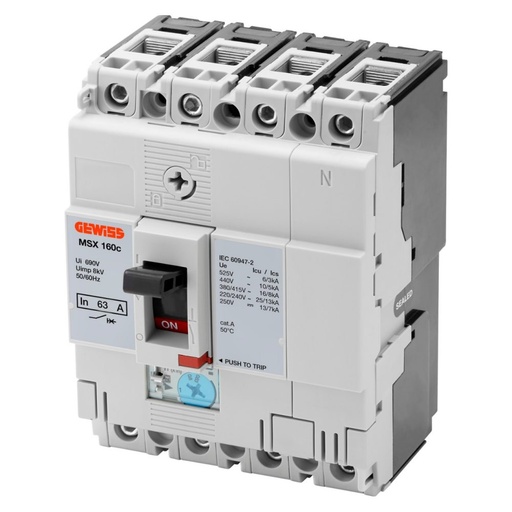 [PTG163.01098] GEWISS GWD9011, MSX 160c, Întrerupător siguranță automată compactă cu carcasă turnată, Eliberare magnetică termică și fixă reglabilă, 16kA 3P+N 25A 525V