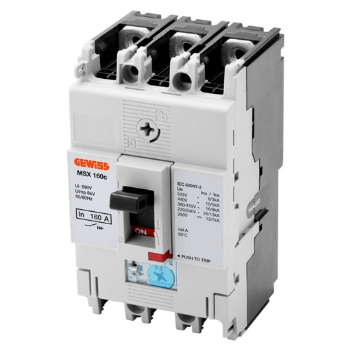 [PTG163.01103] GEWISS GWD9026, MSX 160c, Întrerupător siguranță automată compactă cu carcasă turnată, Eliberare magnetică termică și fixă reglabilă, 16kA 3P 125 A 525V