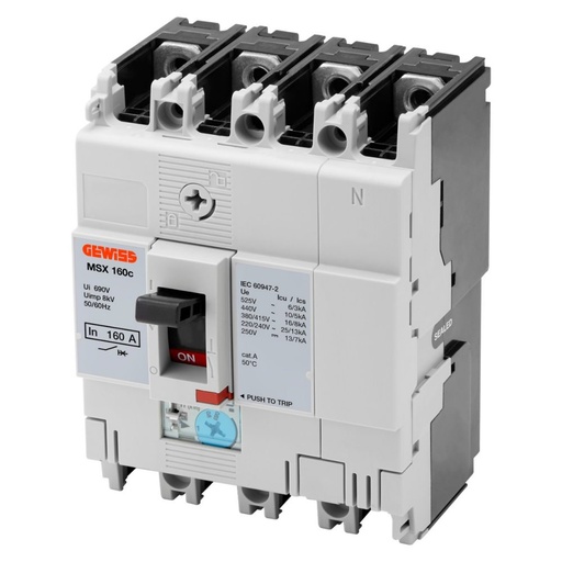 [PTG163.01105] GEWISS GWD9036, MSX 160c, Întrerupător siguranță automată compactă cu carcasă turnată, Eliberare magnetică termică și fixă reglabilă, 16kA 3P+N 125A 525V