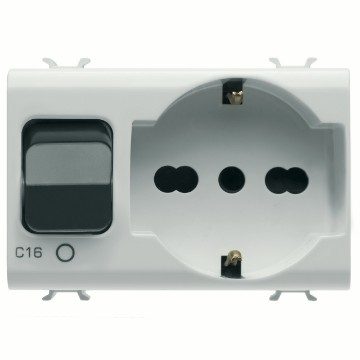 [PTG229.00196] GEWISS GW15312, Interlocked Switched Socket Outlet, 2P+E 16A, P40, with Miniature Circuit Breaker 1P+N 16A, 230V Ac, 3 Modules, Satin White, Chorusmart.