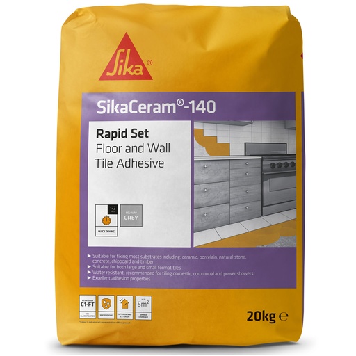 [PTG254.00222] SikaCeram-140 Rapid Set, Floor & Wall Tile Adhesive, Interior & Exterior, Grey Powder, 20 kg