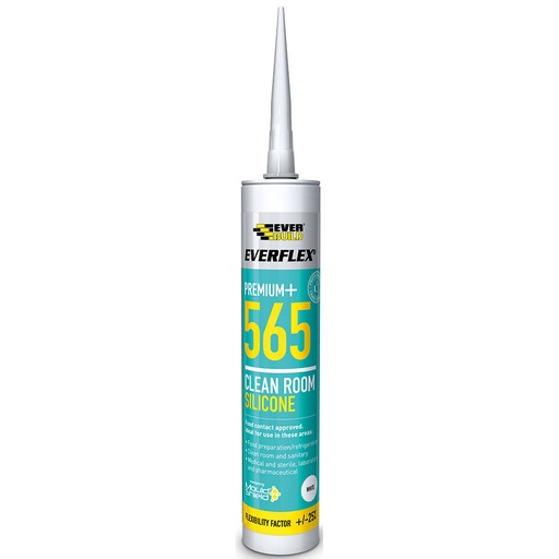 [PTG254.00233] EVERBUILD EVERFLEX 565 Clean Room Silicone, Hygienic Neutral Cure Sealant with Mould Shield, Interior & Exterior, White, 295 mL