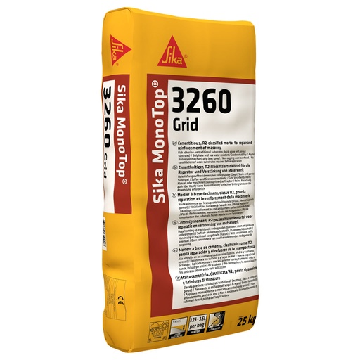 [PTG042.00009] Sika MonoTop-3260 Grid, Fibre-reinforced mortar designed for masonry with CarboDur® Grid, Interior & Exterior, Grey Powder, 25 kg