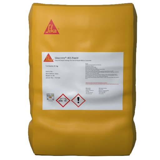 [PTG042.00049] Sikacrete-401 Rapid, Spray-applied concrete for large, quick repairs, Interior & Exterior, Grey Powder, 25 kg
