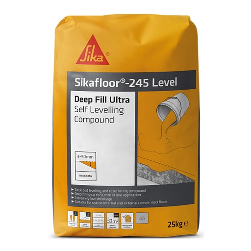 [PTG041.00007] Sikafloor-245 Level Deep Fill Ultra, Amestec de nivelare si reprofilare in strat gros, Interior si exterior, Pudra gri, 25 kg
