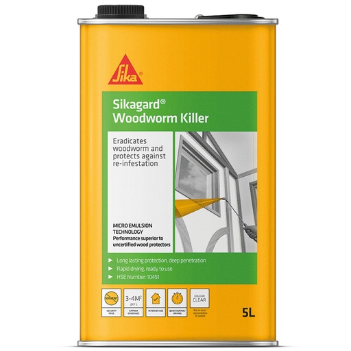 [PTG257.00008] Sika Woodworm Killer, Tratament contra cariilor de lemn si protectie impotriva reinfestarii, Interior, Transparent, 5 L