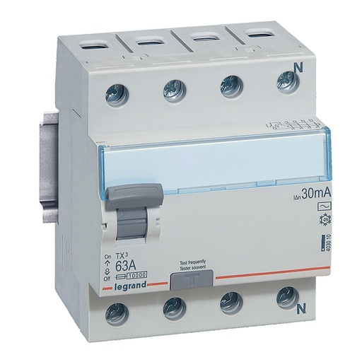 [PTG163.01293] Legrand 403010, Întrerupător automat diferențial (RCCB) TX³, 4P, 400 V, 30 mA, 63 A, tip AC, Neutru pe partea dreaptă, Fără accesorii