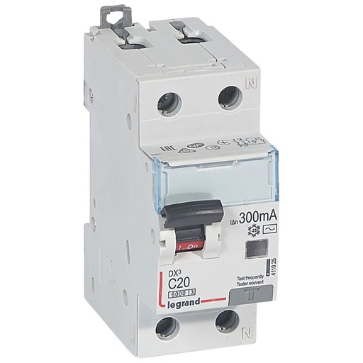 [PTG163.02073] LEGRAND 411025, Disjunctor diferential, DX³ 6000 -10 kA -1P+N-230 V -20 A -300 mA, tip AC, Neutru pe partea dreapta