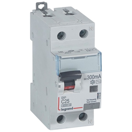 [PTG163.02074] LEGRAND 411026, Disjunctor diferential, DX³ 6000 -10 kA -1P+N-230 V -25 A -300 mA, tip AC, Neutru pe partea dreapta
