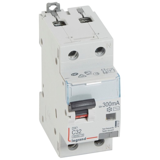 [PTG163.02075] LEGRAND 411027, Disjunctor diferential, DX³ 6000 -10 kA -1P+N-230 V -32 A -300 mA, tip AC, Neutru pe partea dreapta