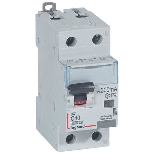 [PTG163.02076] LEGRAND 411028, Disjunctor diferential, DX³ 6000 -10 kA -1P+N-230 V -40 A -300 mA, tip AC, Neutru pe partea dreapta