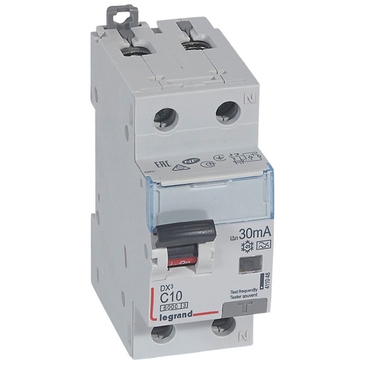 [PTG163.02079] LEGRAND 411048, Disjunctor diferential, DX³ 6000 -10 kA -1P+N-230 V -10 A -30 mA, tip A, Neutru pe partea dreapta