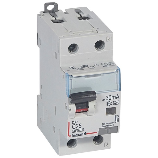 [PTG163.02082] LEGRAND 411052, Disjunctor diferential, DX³ 6000 -10 kA -1P+N-230 V -25 A -30 mA, tip A, Neutru pe partea dreapta