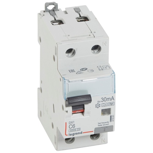 [PTG163.02085] LEGRAND 411091, Disjunctor diferential, DX³ 6000 -10 kA -1P+N-230 V -6 A -30 mA, tip Hpi, Neutru pe partea dreapta