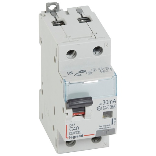 [PTG163.02091] LEGRAND 411098, Disjunctor diferential, DX³ 6000 -10 kA -1P+N-230 V -40 A -30 mA, tip Hpi, Neutru pe partea dreapta