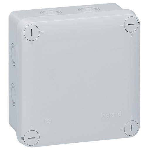 [PTG018.00324] LEGRAND 092024, Doză pătrată etanșă Plexo, 105×105×55 mm, Cenușiu, Intrare decupată (7), IP55, IK07, Rezistență 650°C