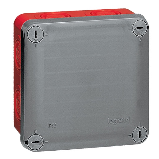 [PTG018.00328] LEGRAND 092021, Doză pătrată etanșă Plexo, 105×105×55 mm, Cenușiu/roșu, Pentru presetupă ISO