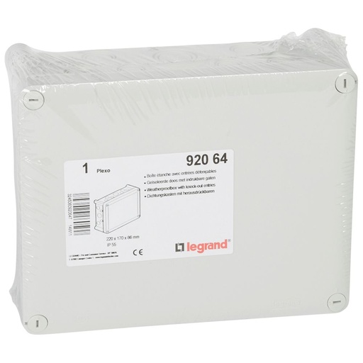 [PTG018.00339] LEGRAND 092064, Plexo Box IP55, IK07, 220×170×86 mm, with Pre-Cut Entries for ISO Glands