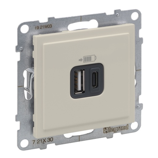 [PTG031.00186] LEGRAND 721230, Încărcător USB dublu Tip A+C, 3A, 15W, Ivoar