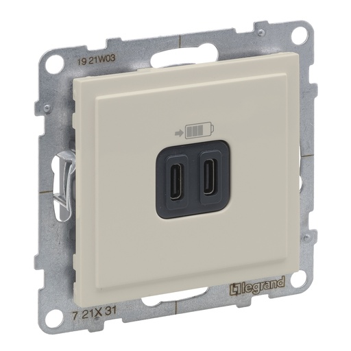 [PTG031.00187] LEGRAND 721231, Încărcător USB dublu Tip C+C, 3A, 15W, Ivoar