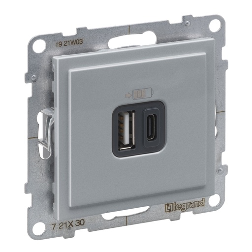 [PTG031.00188] LEGRAND 721330, Încărcător USB dublu Tip A+C, 3A, 15W, Aluminiu