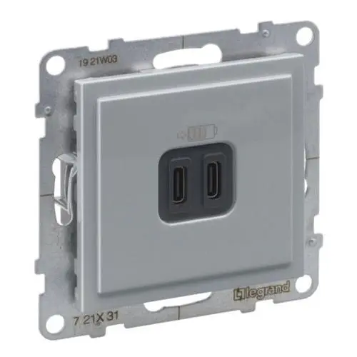 [PTG031.00189] LEGRAND 721331, Încărcător USB dublu Tip C+C, 3A, 15W, Aluminiu