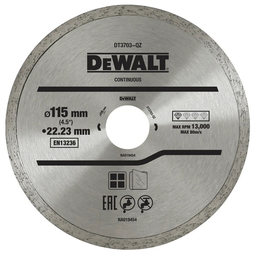 [PTG405.00035] DEWALT High Performance Diamond Cutting Disc Continuous Rim, 115mm x 22.23mm, DT3703-QZ