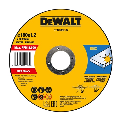 [PTG405.00085] DEWALT Bonded Abrasive INOX Cutting Disc, 180mm x 1.6mm x 22.23mm, DT42380Z-QZ