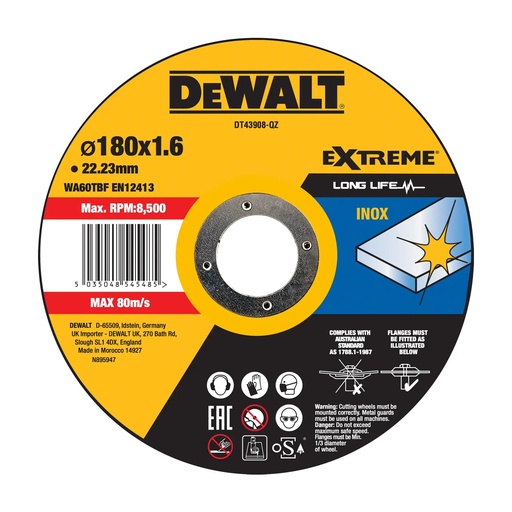 [PTG405.00100] DEWALT Extreme Cutting INOX, 180 x 1.6 x 22.23mm, DT43908-QZ